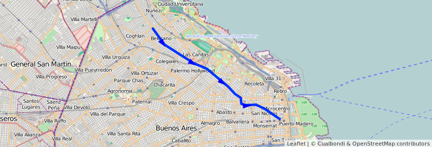 Mapa del recorrido D de la línea Subte en Ciudad Autónoma de Buenos Aires.