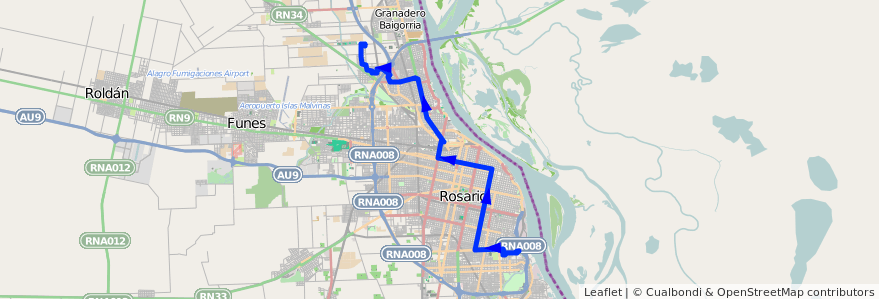 Mapa del recorrido  Distrito Sur de la línea 107 en Rosario.