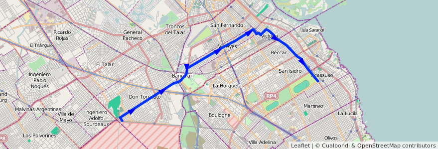 Mapa del recorrido Don Torcuato-Acassuso de la línea 371 en Buenos Aires.