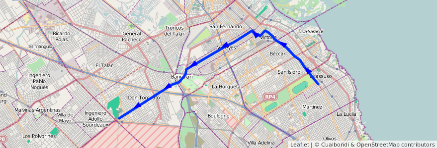 Mapa del recorrido Don Torcuato-Acassuso de la línea 371 en Буэнос-Айрес.