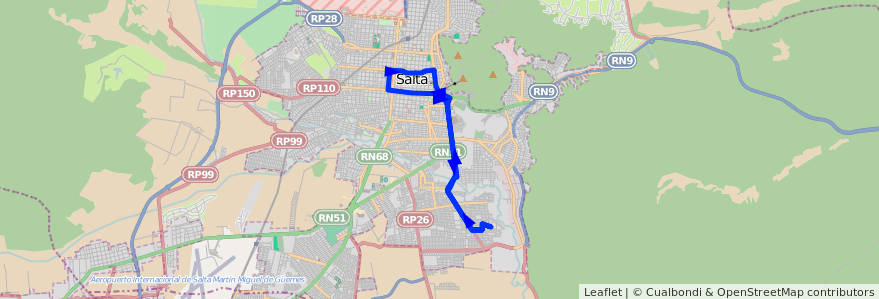 Mapa del recorrido E de la línea Corredor 2 en Salta.