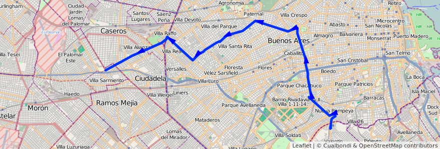 Mapa del recorrido El Palomar-Pte.Uribur de la línea 135 en Аргентина.