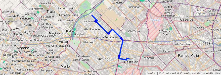 Mapa del recorrido Est.Castelar-Udaondo de la línea 441 en Buenos Aires.