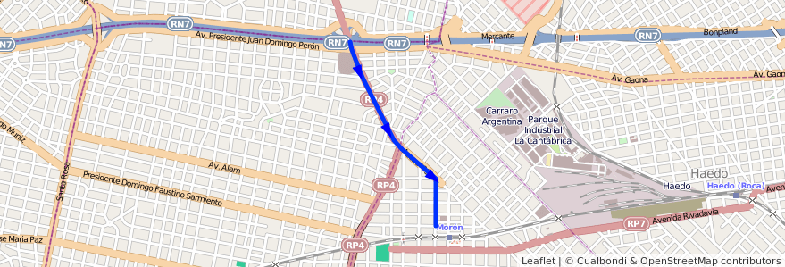 Mapa del recorrido Est.Moron-Hurlingham de la línea 463 en Partido de Morón.