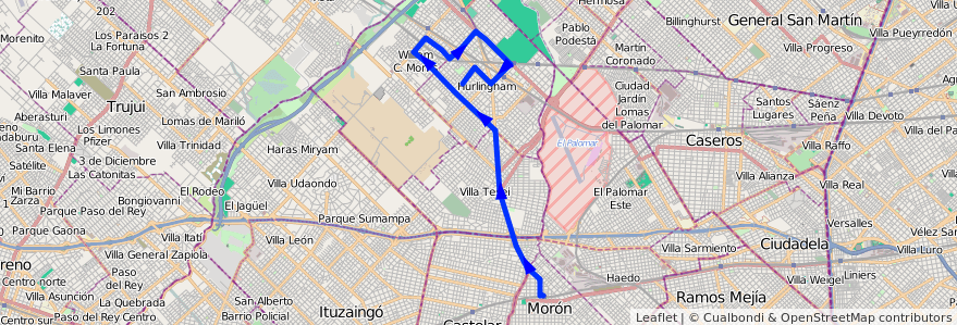 Mapa del recorrido Est.Moron-Hurlingham de la línea 463 en Partido de Hurlingham.