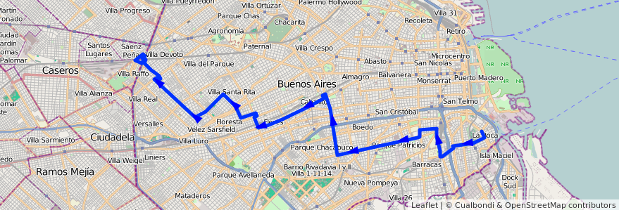 Mapa del recorrido Est.Saenz Pena-La Boca de la línea 25 en Ciudad Autónoma de Buenos Aires.