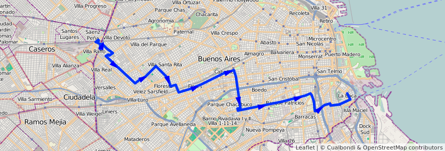 Mapa del recorrido Est.Saenz Pena-La Boca de la línea 25 en Ciudad Autónoma de Buenos Aires.