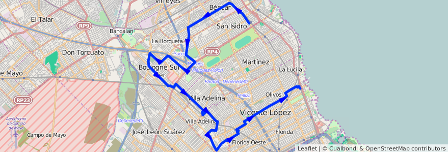 Mapa del recorrido Est.San Isidro-Olivos de la línea 333 en Provinz Buenos Aires.
