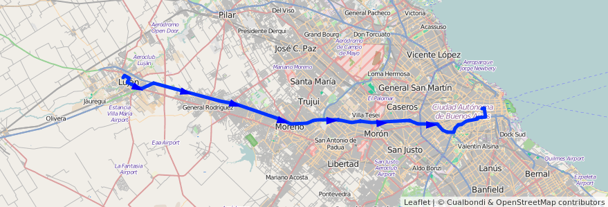 Mapa del recorrido Expreso Once Lujan de la línea 57 en Arjantin.