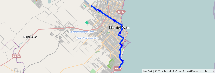 Mapa del recorrido F de la línea 511 en Mar del Plata.