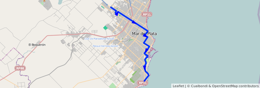 Mapa del recorrido F de la línea 511 en Mar del Plata.