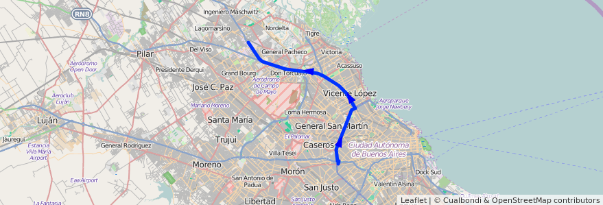 Mapa del recorrido Ford de la línea 21 en Argentina.