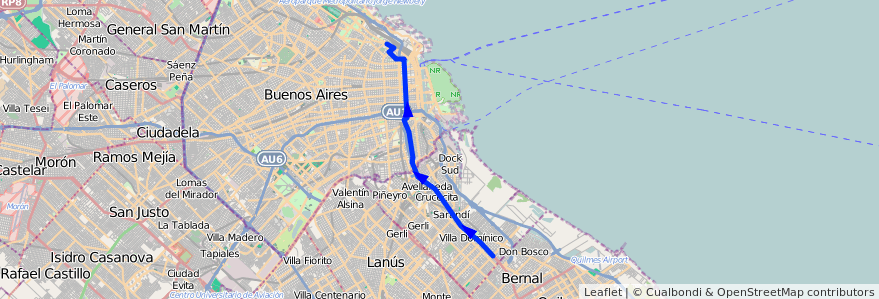 Mapa del recorrido Ftad.Derecho-Wilde de la línea 17 en Arjantin.