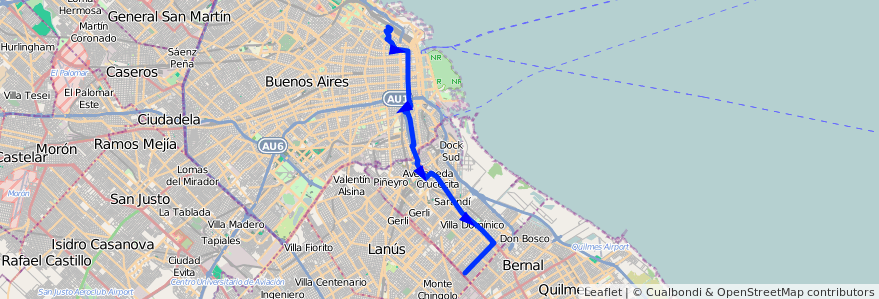 Mapa del recorrido Ftad.Derecho-Wilde de la línea 17 en Arjantin.