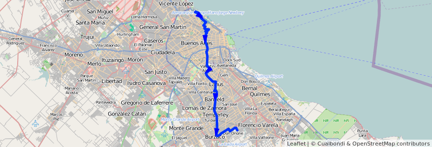 Mapa del recorrido G Claypole-C.Univ. de la línea 160 en Argentina.