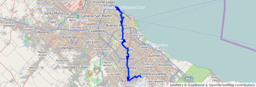 Mapa del recorrido G Claypole-C.Univ. de la línea 160 en Argentina.