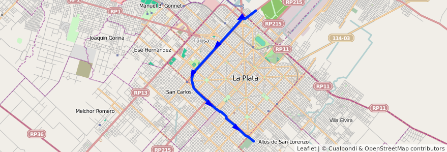 Mapa del recorrido G de la línea 307 en Partido de La Plata.