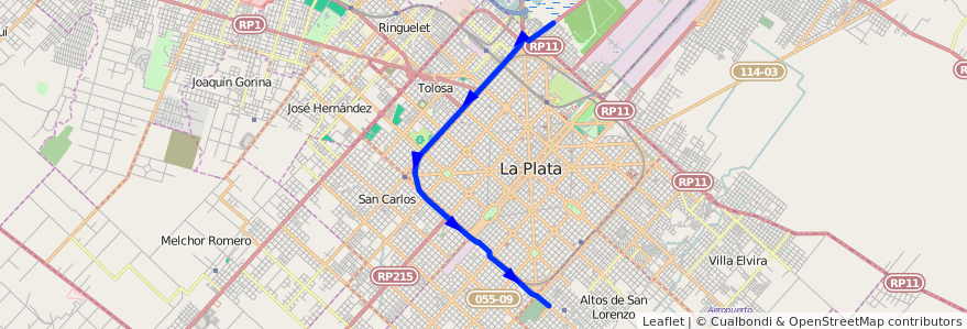 Mapa del recorrido G de la línea 307 en Partido de La Plata.