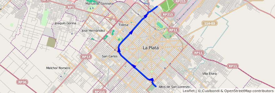 Mapa del recorrido G de la línea 307 en Partido de La Plata.