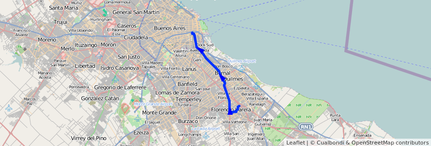 Mapa del recorrido H1 Constitucion-Varel de la línea 148 en Buenos Aires.