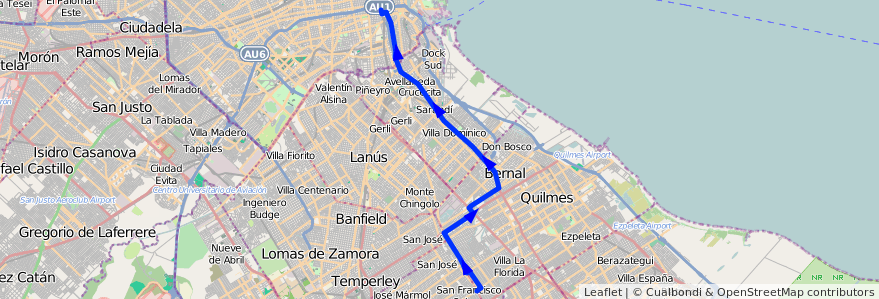 Mapa del recorrido I Constitucion-Solano de la línea 148 en Buenos Aires.