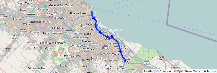 Mapa del recorrido L1 Correo-Berazategui de la línea 159 en ブエノスアイレス州.