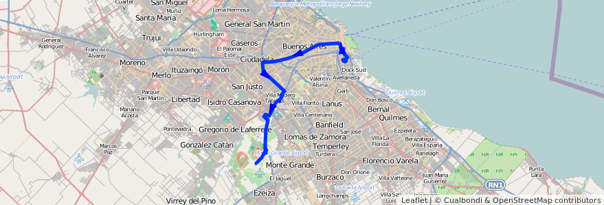 Mapa del recorrido La Boca-Aeropuerto de la línea 86 en Argentinien.