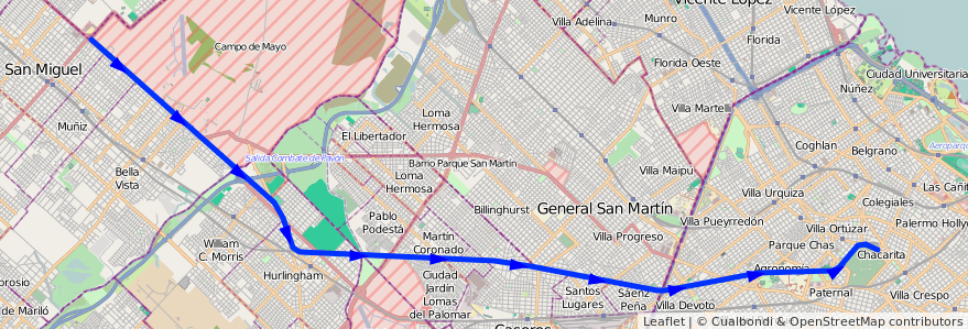 Mapa del recorrido Lacroze-Lemos de la línea Ferrocarril General Urquiza en 아르헨티나.