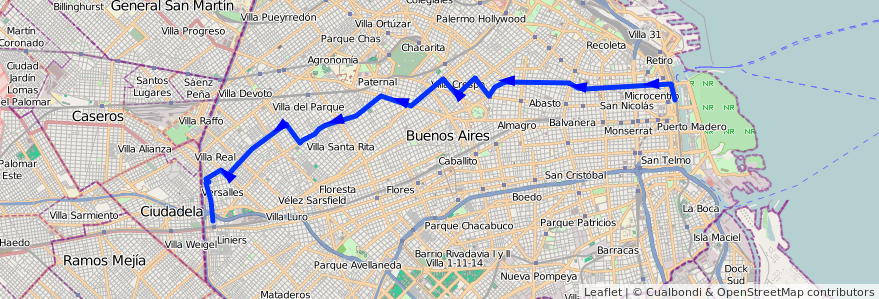 Mapa del recorrido Liniers-Correo Centra de la línea 109 en Ciudad Autónoma de Buenos Aires.