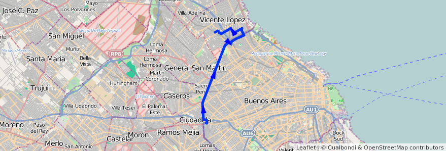 Mapa del recorrido Florida de la línea 21 en Arjantin.