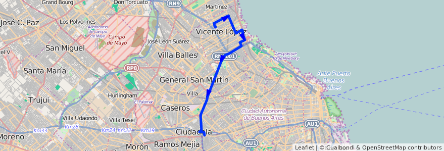Mapa del recorrido Liniers-Olivos de la línea 21 en Provinz Buenos Aires.