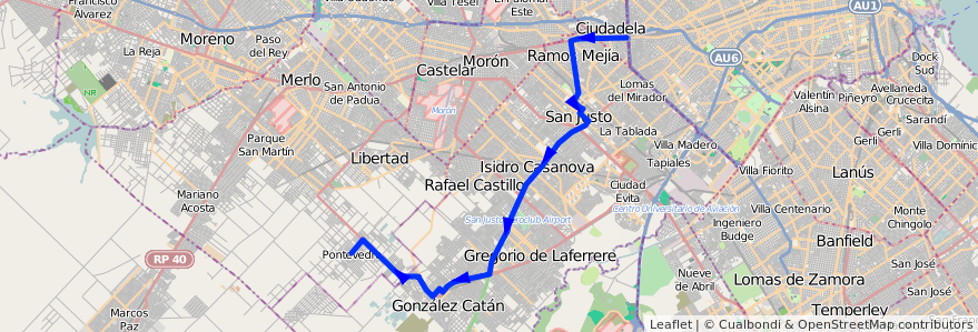 Mapa del recorrido Liniers-Pontevedra de la línea 205 en Buenos Aires.