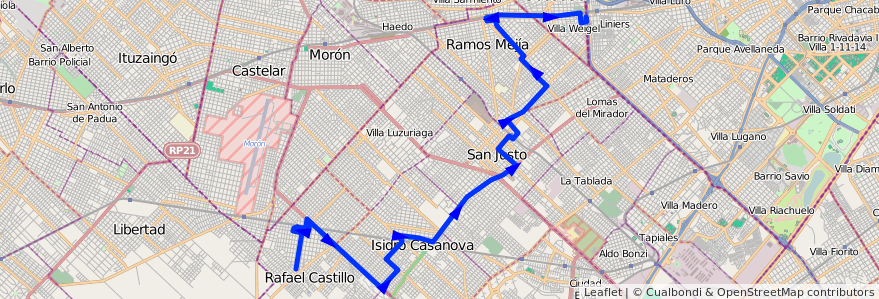 Mapa del recorrido Liniers-R.Castillo de la línea 378 en Partido de La Matanza.