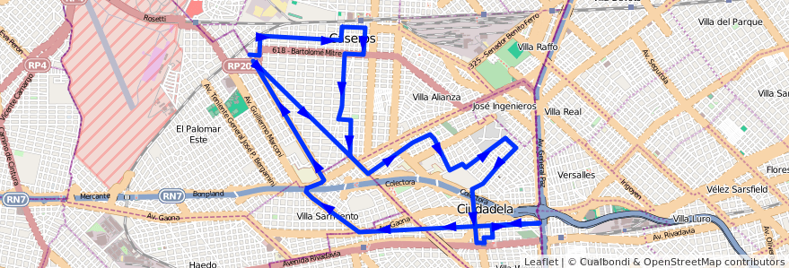 Mapa del recorrido Liniers-R.Mejia de la línea 289 en Provincia di Buenos Aires.