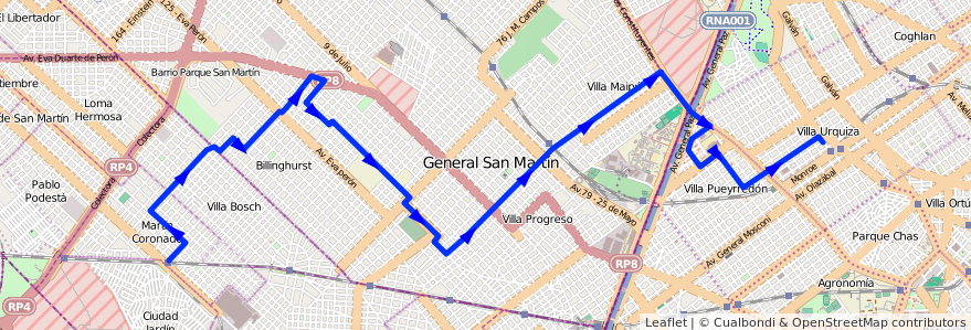 Mapa del recorrido M.Coronado-V.Urquiza de la línea 175 en Argentina.