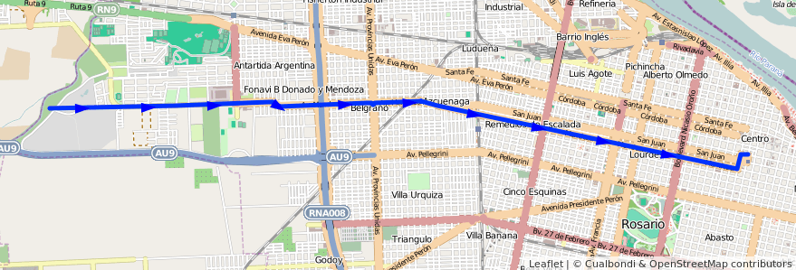 Mapa del recorrido  Mendoza de la línea Monticas en Росарио.