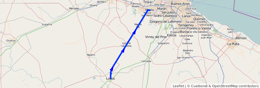 Mapa del recorrido Merlo-Lobos de la línea Ferrocarril Domingo Faustino Sarmiento en استان بوئنوس آیرس.