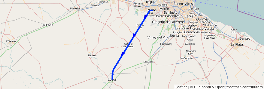 Mapa del recorrido Merlo-Lobos de la línea Ferrocarril Domingo Faustino Sarmiento en 부에노스아이레스주.