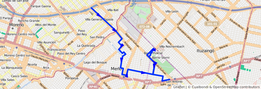 Mapa del recorrido Moreno-Merlo de la línea 329 en Partido de Merlo.