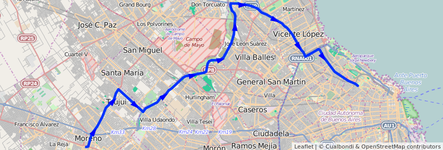 Mapa del recorrido Moreno x ex av. Roca de la línea 57 en Provincia di Buenos Aires.