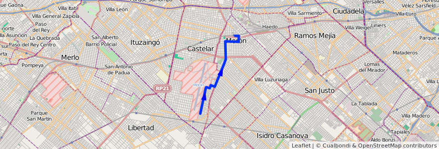 Mapa del recorrido Moron-Achaga de la línea 236 en Partido de Morón.