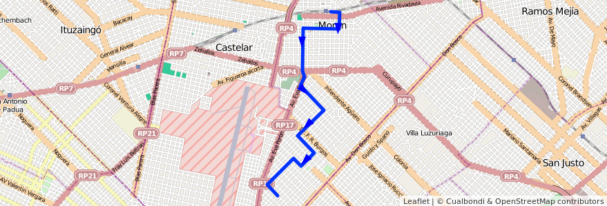 Mapa del recorrido Moron-Belgrano de la línea 236 en Morón.