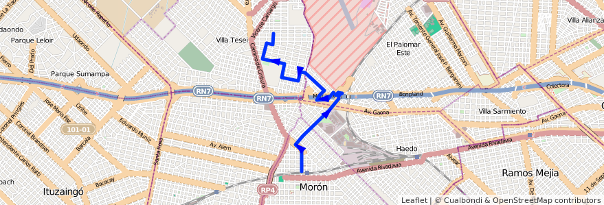 Mapa del recorrido Moron-B.Gaona de la línea 443 en Provincia di Buenos Aires.