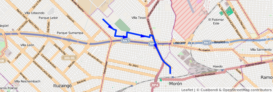 Mapa del recorrido Moron-Ctrio.Parque de la línea 443 en Buenos Aires.