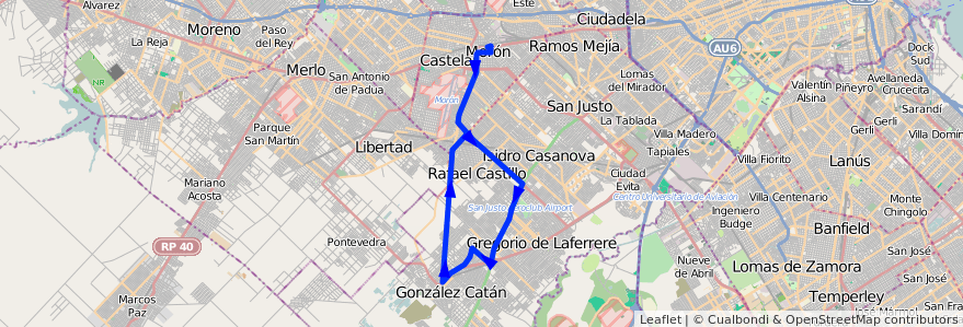 Mapa del recorrido Moron-G.Catan de la línea 236 en Buenos Aires.