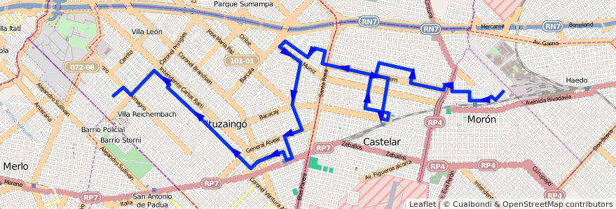 Mapa del recorrido Moron-Ituzaingo de la línea 441 en Буэнос-Айрес.