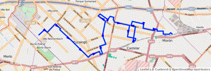 Mapa del recorrido Moron-Ituzaingo de la línea 441 en Buenos Aires.