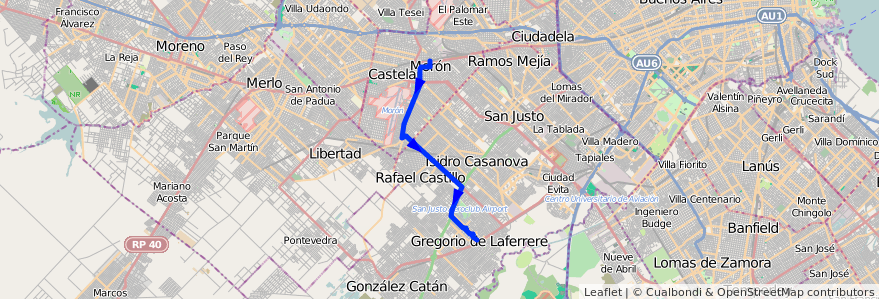 Mapa del recorrido Moron-Laferrere de la línea 236 en 부에노스아이레스주.