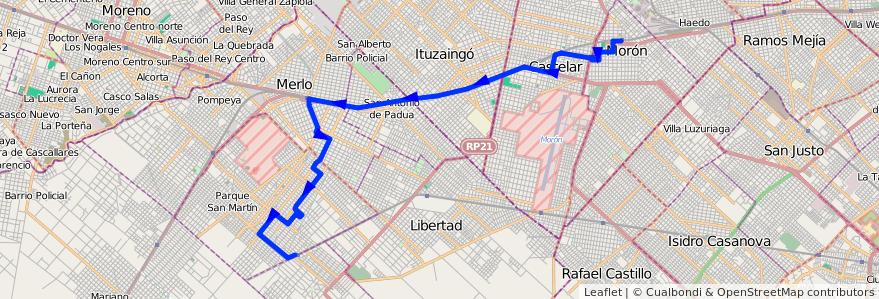 Mapa del recorrido Moron-Merlo de la línea 392 en 부에노스아이레스주.