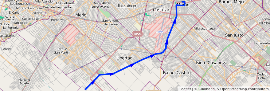 Mapa del recorrido Moron-M.Paz de la línea 236 en Province de Buenos Aires.